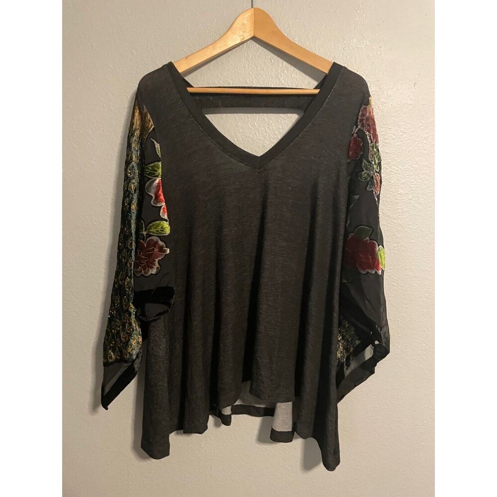 Boho Jane Womens Tunic Medium Black Floral Velvet Trim Beaded Whimsigoth Artsy